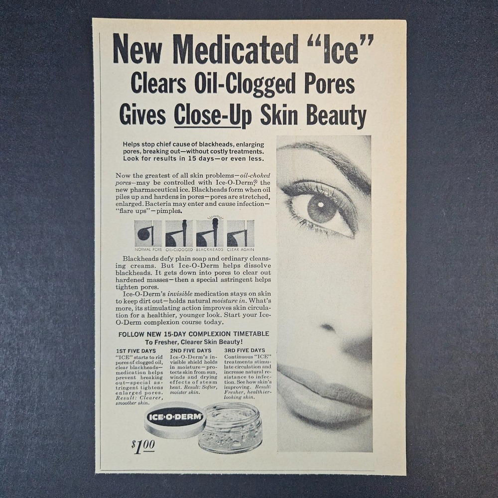 1961 Ice-O-Derm Clears Oil-Clogged Pores Vintage Print Ad Skin Beauty Blackheads